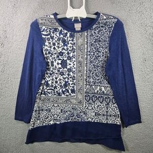 Chico's Womens Size 0 Blue Patchwork Floral Print Long Sleeve Tunic Top